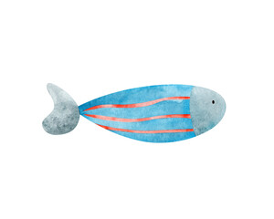 Watercolor fish isolated on white background. Cute sea fish illustration. Perfect for baby shower, greeting card, nursery, invitations, birthday, party, stickers.
