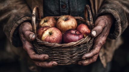 Close up of farmers hands holding freshly picked apples rustic basket worn textures and earth tones realistic countryside life