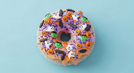 A halloween donut with purple frosting and halloween themed sprinkles on a light blue background