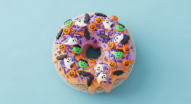 A halloween donut with purple frosting and halloween themed sprinkles on a light blue background