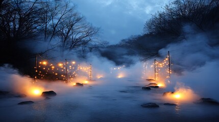 Fototapeta premium A water body emitting extensive steam and illuminated by surrounding lights