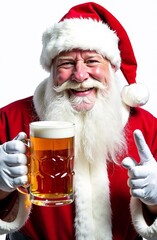 Close-up of happy Santa Claus with beard and moustache in traditional suit. He holds a mug of light beer and makes a "Cool" sign with his hand. Christmas vertical concept of hop drink