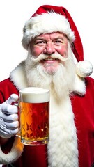 Close-up of happy Santa Claus with beard and moustache in traditional suit. He holds a mug of light beer and makes a "Cool" sign with his hand. Christmas vertical concept of hop drink