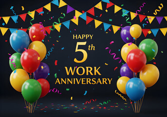 Celebrate a happy 5th work anniversary with balloons and confetti in a joyful scene.