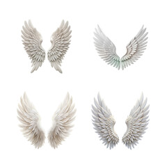 Collection of four pairs of angel wings with varying styles and colors, isolated on a transparent background