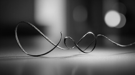 Metallic thread curves elegantly, creating loops on a surface. Abstract design for marketing, web use or graphic resources. Monochrome.