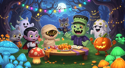 Fototapeta premium Cartoon monsters celebrate halloween with candy and pumpkins under a full moon in the forest