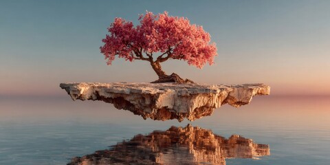 Blooming cherry tree growing on a floating island at sunset