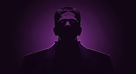 Silhouette of frankenstein's monster against a dark purple background with dramatic lighting