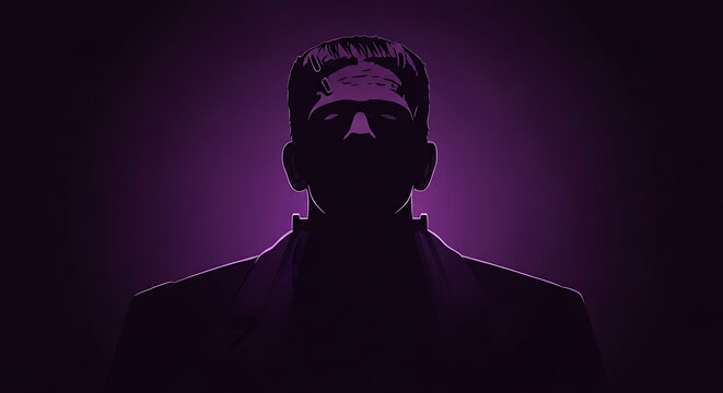 Silhouette of frankenstein's monster against a dark purple background with dramatic lighting