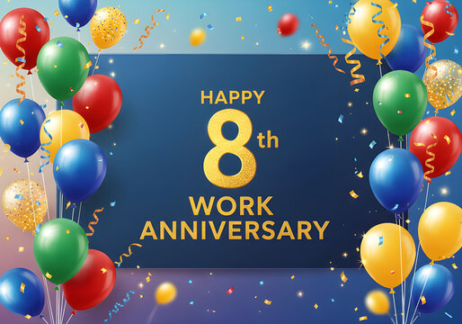 Celebrate an 8th work anniversary with a colorful balloon-filled banner and joyous message.