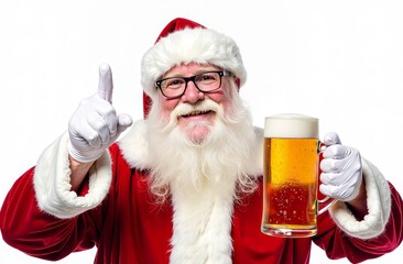 Close-up of happy Santa Claus with beard and moustache in traditional suit. He holds a mug of light beer and makes a "Cool" sign with his hand. Christmas vertical concept of hop drink
