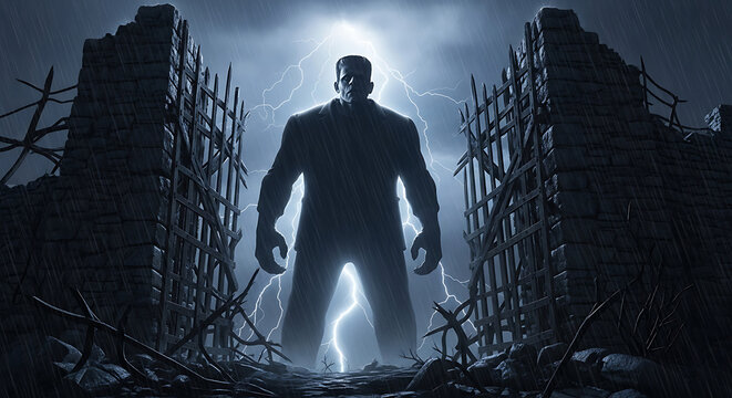 Silhouette of frankenstein monster standing at the gate with lightning in the dark night scene - Powered by Adobe