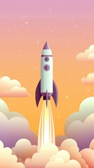 Fototapeta premium Pastel illustration of a rocket launching Colorful Rocket Launching into a Dreamy Sky at Sunset