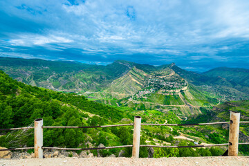 Mountain landscape of the village Gunib taken from a mountain road. Dagestan