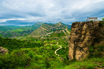 Dramatic landscape of the picturesque Gunib plateau in stormy weather on the Dagestan highlands. North Caucasus. Russia