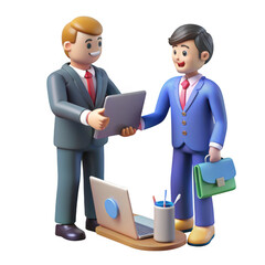 Obraz premium Two businessmen shaking hands over a laptop isolated on transparent background