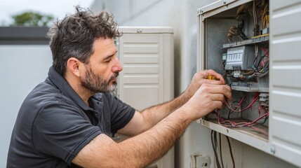 Technician repairs electrical panel. Ensuring safety and functionality with expert precision and careful attention. Maintenance and repair services.