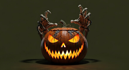 A spooky jack o lantern with glowing eyes and a scary grin with skeleton hands reaching out from behind