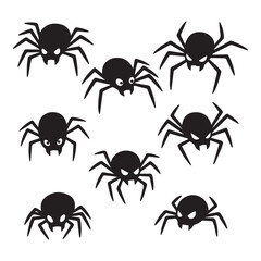 Collection of black silhouette spiders with spooky eyes