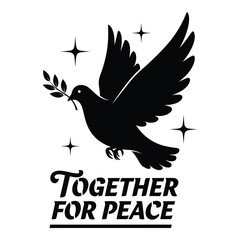 Fototapeta premium Silhouette black vector vector art of dove with olive branch and text together for peace isolated on white