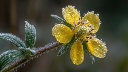   Close-up photo of yellow flower with droplets of water on its petals and hazy backdrop