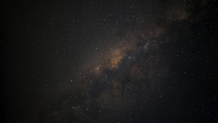 Galaxy exploration through outer space towards glowing milky way galaxy. High quality, beautiful night sky time lapse with Milky Way galaxy on dark sky. Starry night background.