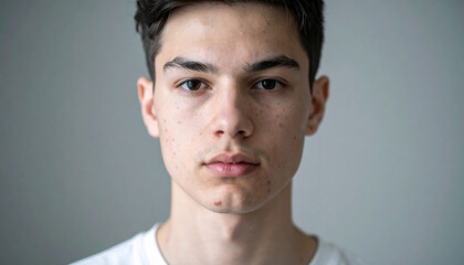 Naklejka premium Young man with natural, imperfect skin looking at camera indoors, skincare realism.