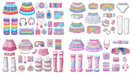 Kawaii rainbow-themed festival fashion set featuring ruffled skirts, leg warmers, goggles, and pastel accessories for cute, rave, or cosplay character outfits.

