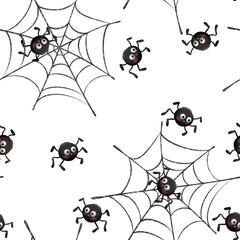 Cute Spider and Web Seamless Pattern. Whimsical Halloween Design.