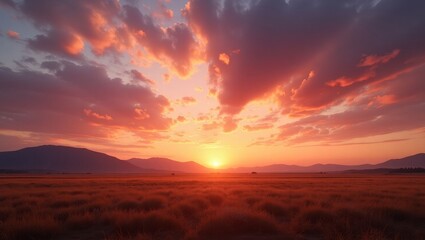 Fiery Pink Sunset Over Countryside Mountains