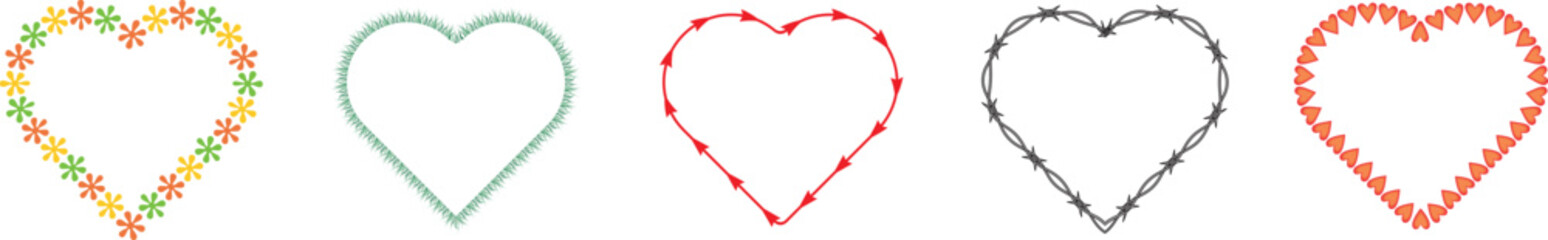 Five unique heart shape frames designed with flowers, thorns, spikes, and textures, perfect for romantic, edgy, or artistic projects in cards, invitations, and visual design layouts.