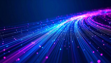Abstract glowing lines curve across a dark background, resembling a digital data stream or fiber optic network