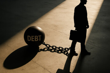 Silhouette of businessman dragging debt ball and chain, symbolizing financial burden, bankruptcy and economic imprisonment.