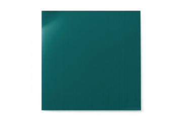 Polished teal metallic square reflecting light, creating sleek geometric design element against transparent backdrop