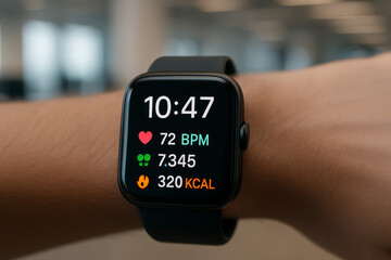 Smartwatch showing health stats with time, heart rate, step count, and calories on a black band, worn on a wrist in a modern interior.