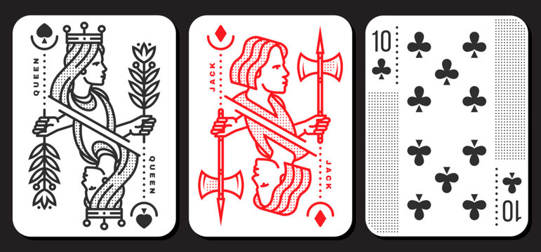 Set of playing card 10, queen, jack. Vector illustration. Esoteric, magic Royal playing card 10, queen, jack design collection. Line art minimalist style