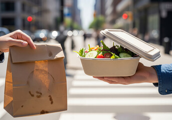 Person holding a compostable plant-based takeout container with fresh salad and a brown kraft paper bag on a busy city street