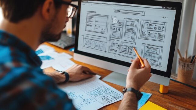 Web designer reviewing website layout sketches on a computer screen.