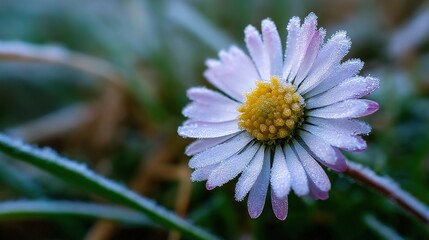 Obraz premium A white and yellow flower with water droplets on its petals and a blurred background