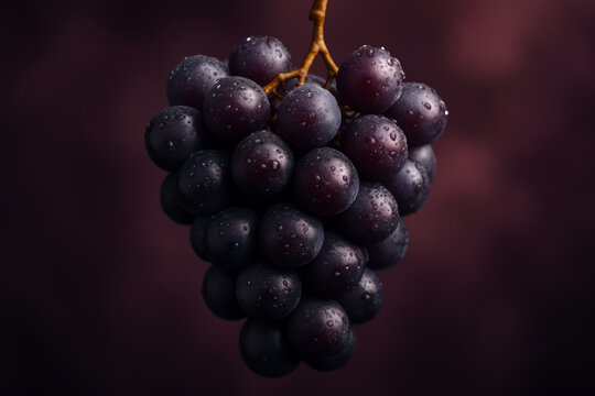 Dark background contrasts with dewy purple grapes in dramatic studio lighting. Macro captures freshness, round texture, and appetizing natural beauty.