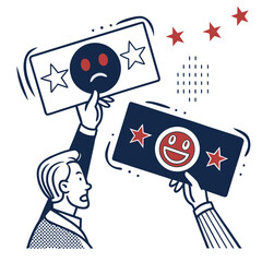 Hands holding emoji, positive and negative feedback, customer review concept