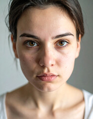 Obraz premium Young woman with natural, imperfect skin looking at camera indoors, skincare realism.