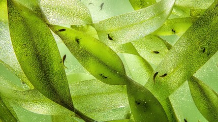   Close-up of green plants with water droplets on leaves and a bug crawling