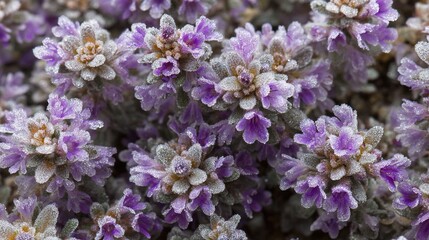 Obraz premium A close-up of numerous purple flowers covered in frost, centered in the photo