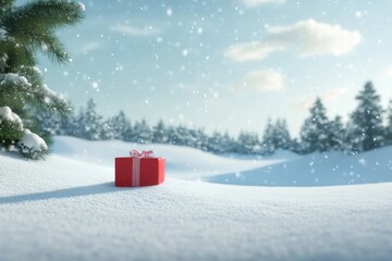 Photo of christmas gift in snowy landscape with pine trees