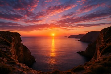 Obraz premium Coastal Sunset Panorama: The sun dips below the horizon, painting the sky with vibrant hues over the tranquil sea, creating a breathtaking seascape.