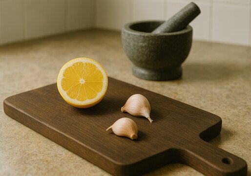 Lemon and garlic on cutting board