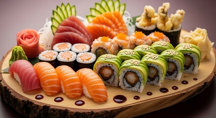 A variety of sushi and sashimi on a wooden platter.