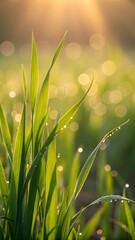 Fototapeta premium Fresh Green Grass Blades With Dew Drops In Morning Sunlight On Natural Outdoor Field Background In Beautiful Spring Season